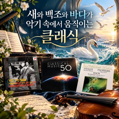 새와 백조와 바다가 악기 속에서 움직이는 클래식