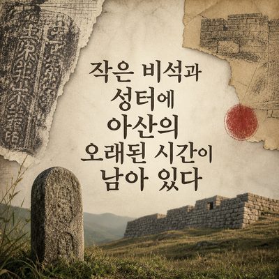 작은 비석과 성터에 아산의 오래된 시간이 남아 있다