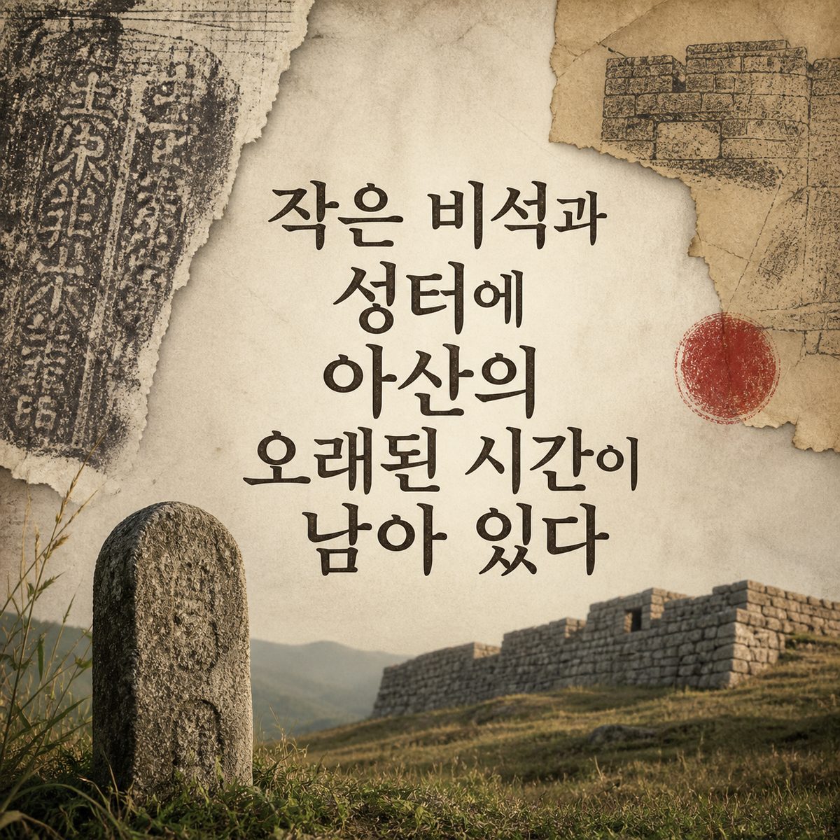 작은 비석과 성터에 아산의 오래된 시간이 남아 있다