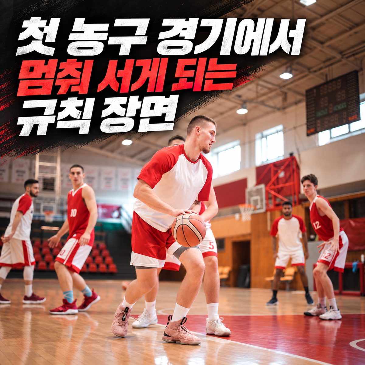 初めてのバスケットボールの試合で立ち止まるルールの場面