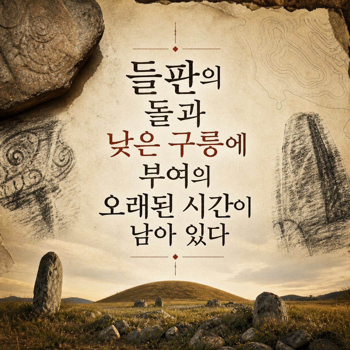 들판의 돌과 낮은 구릉에 부여의 오래된 시간이 남아 있다