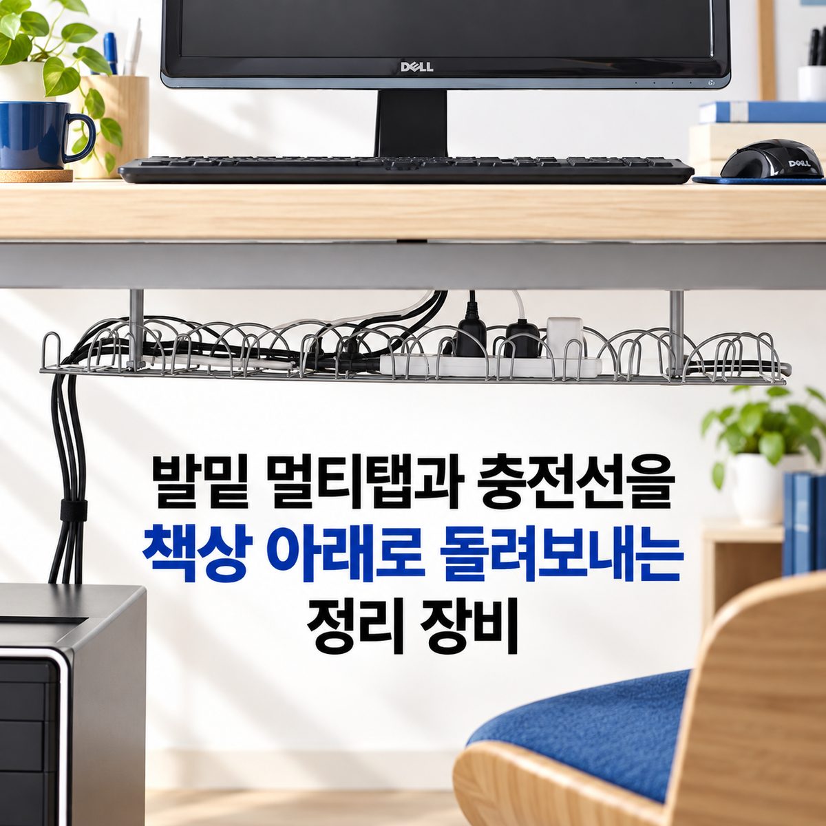 발밑 멀티탭과 충전선을 책상 아래로 돌려보내는 정리 장비