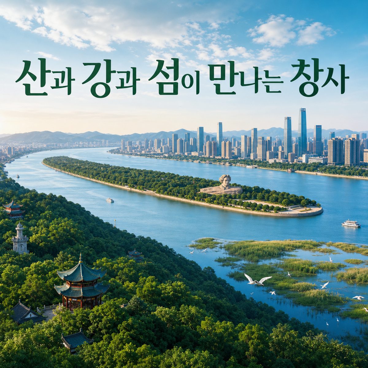 산과 강과 섬이 한 화면에 들어오는 창사
