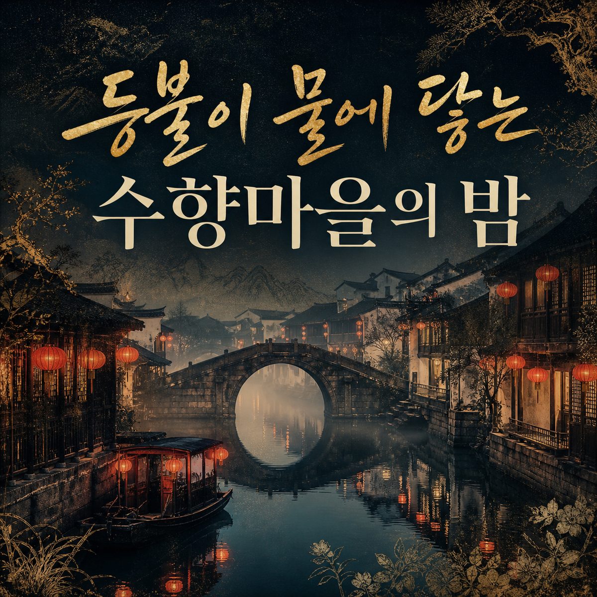 등불이 물에 닿는 중국 수향마을의 밤