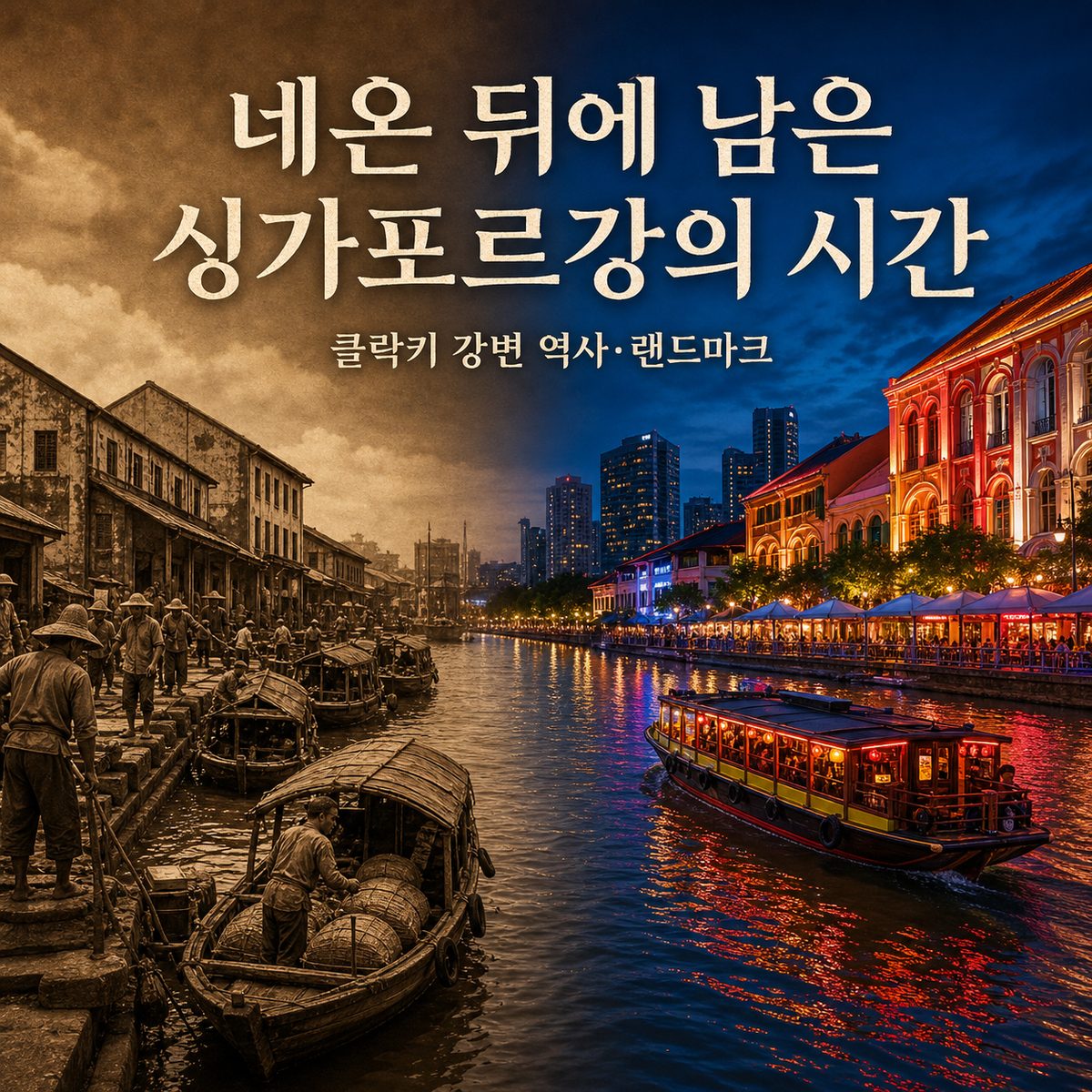 클락키의 네온 뒤에 남아 있는 싱가포르강의 시간