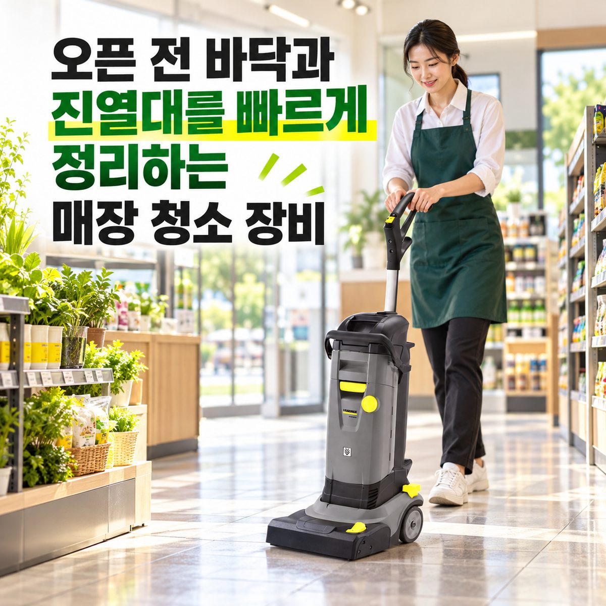 오픈 전 바닥과 진열대를 빠르게 정리하는 매장 청소 장비