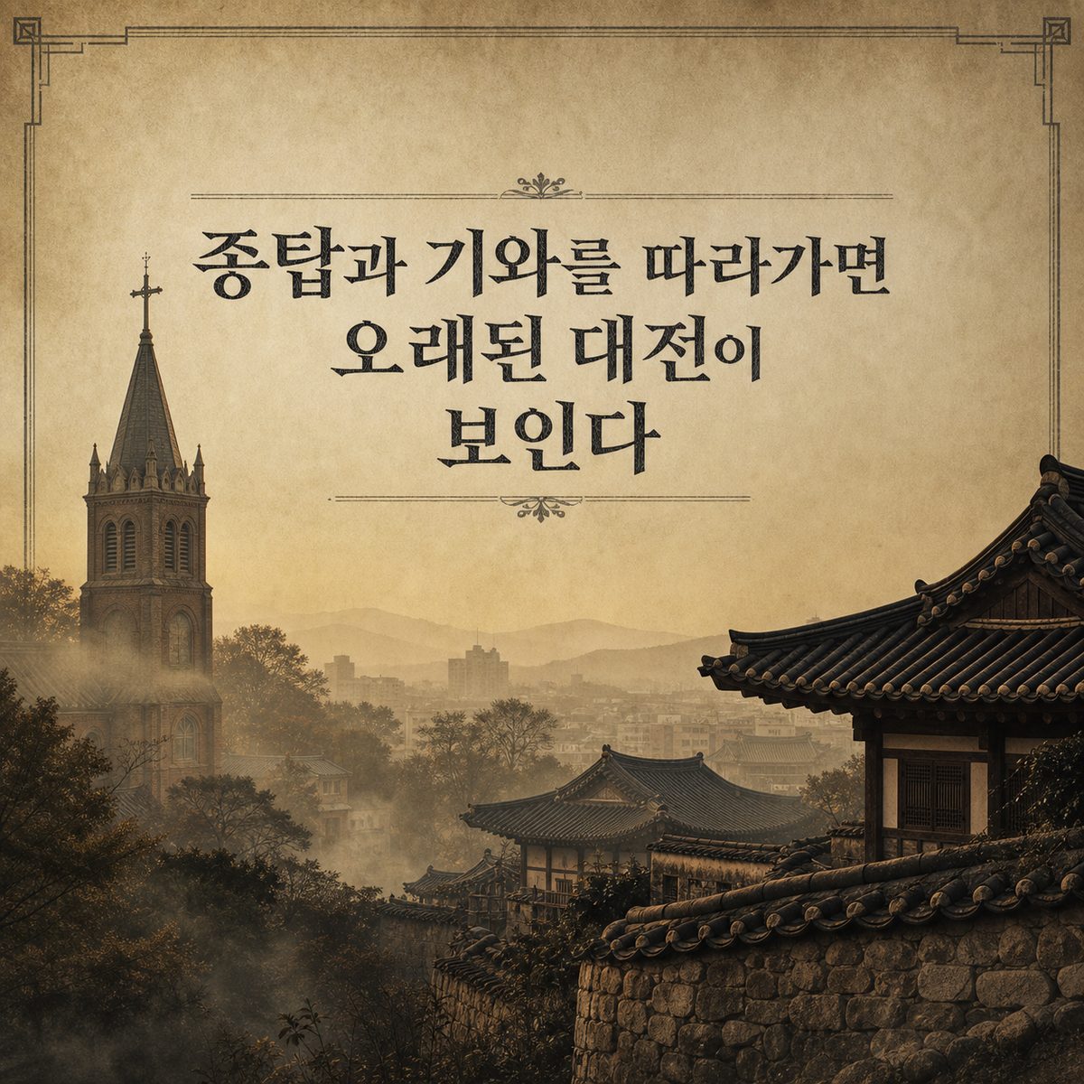 종탑과 기와를 따라가면 오래된 대전이 보인다