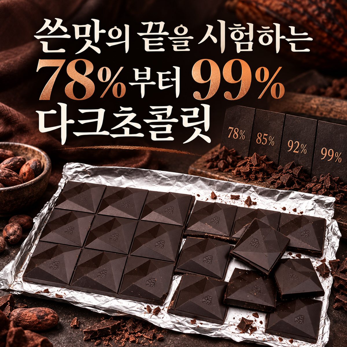 쓴맛의 끝을 시험하는 78%부터 99% 다크초콜릿