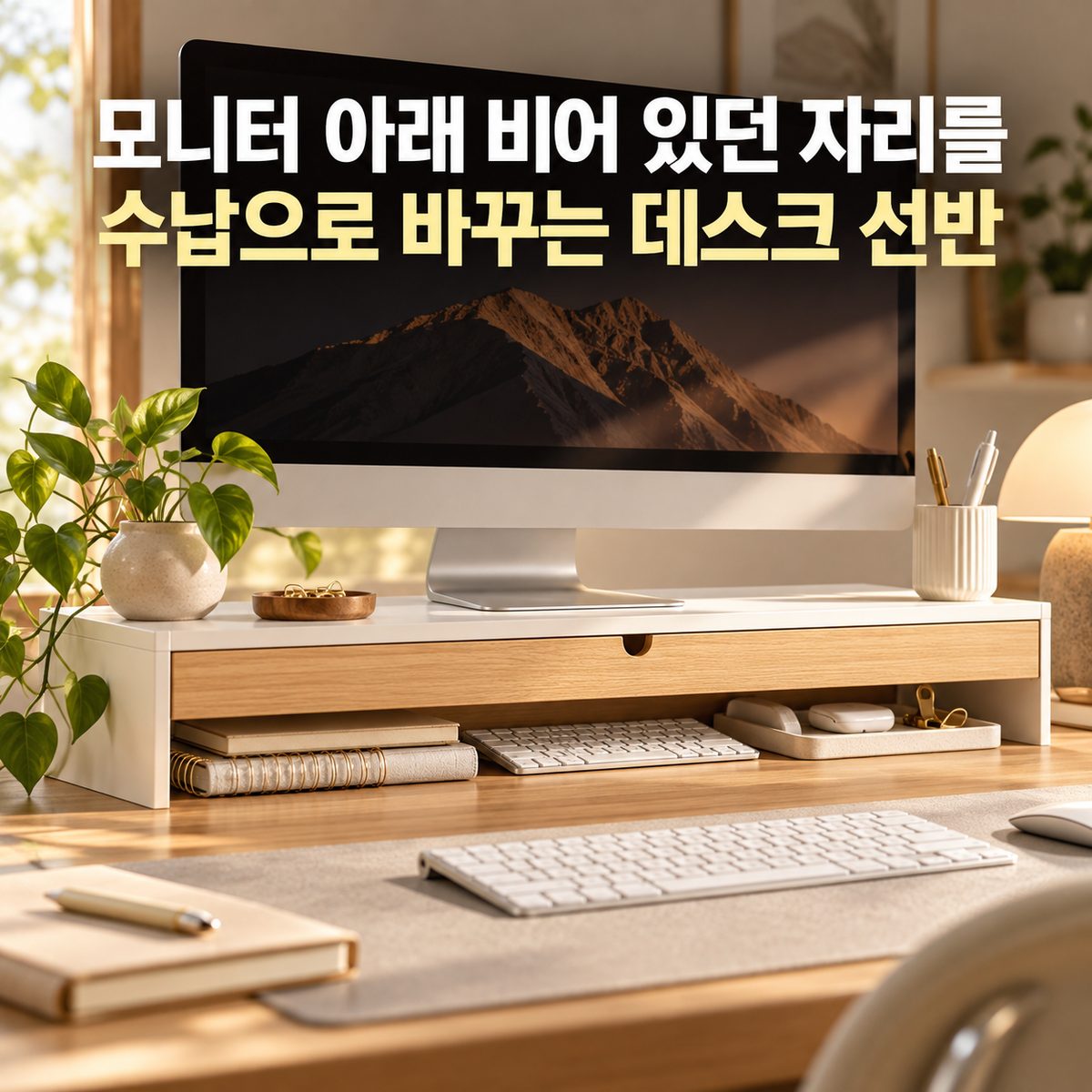 모니터 아래 비어 있던 자리를 수납으로 바꾸는 데스크 선반