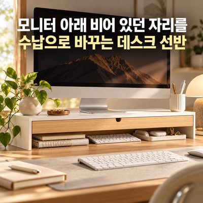 모니터 아래 비어 있던 자리를 수납으로 바꾸는 데스크 선반