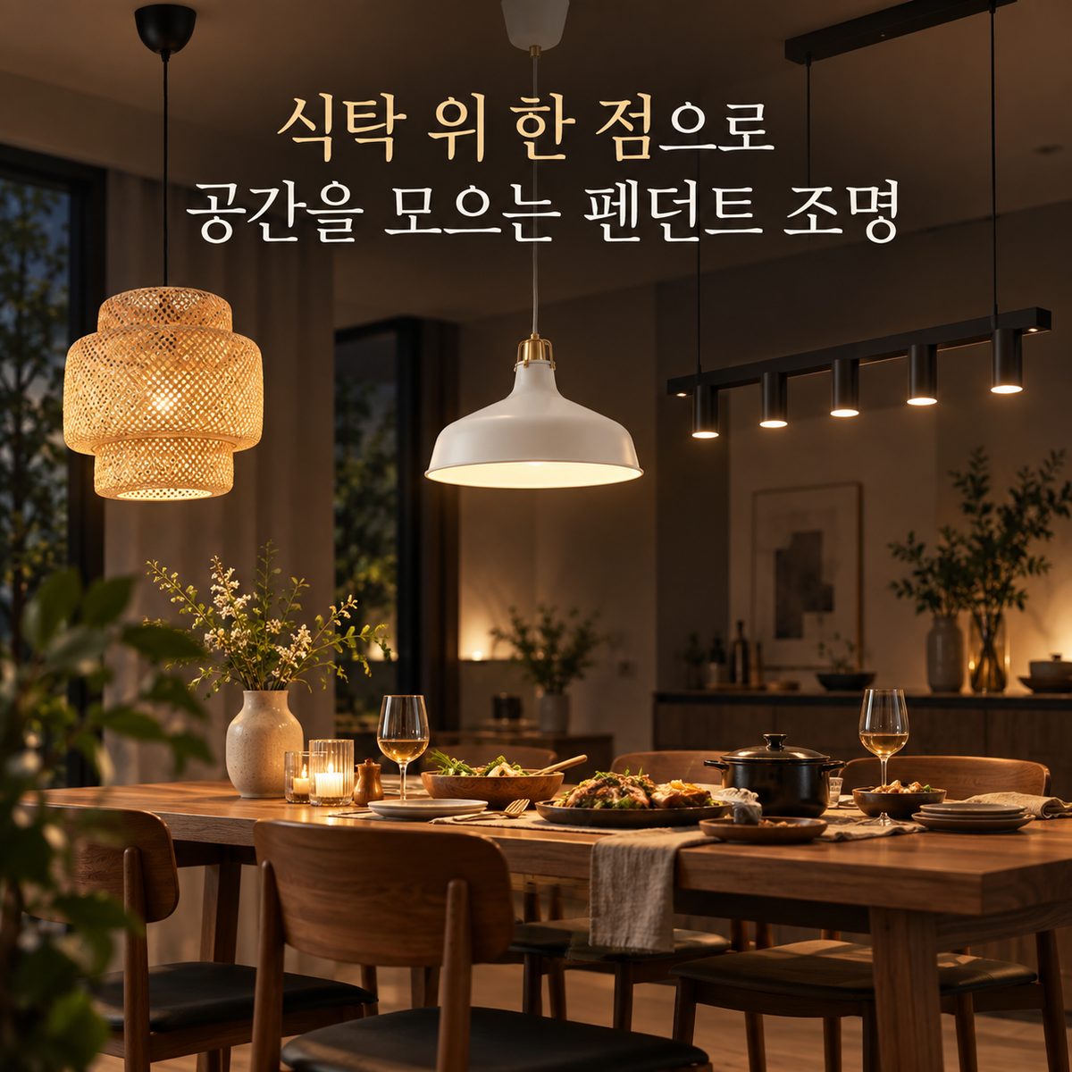 식탁 위 한 점으로 공간을 모으는 펜던트 조명