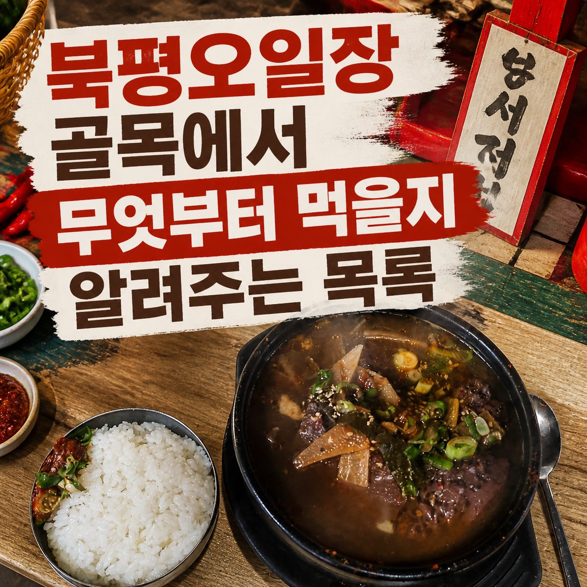 북평오일장 골목에서 무엇부터 먹을지 알려주는 목록