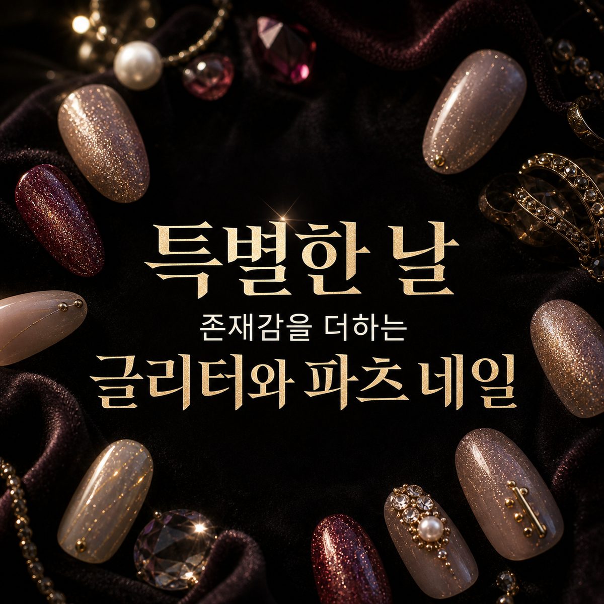 특별한 날 존재감을 더하는 글리터와 파츠 네일