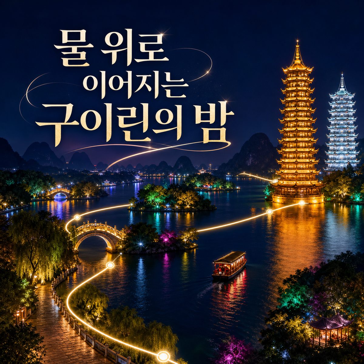 불빛이 물 위에 이어지는 구이린의 밤