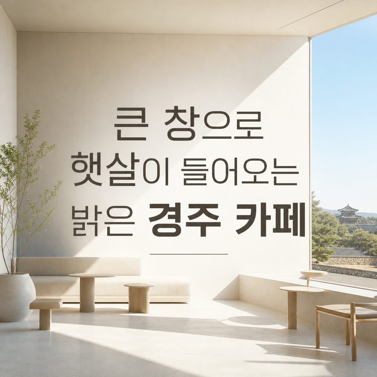 큰 창으로 햇살이 들어오는 밝은 경주 카페