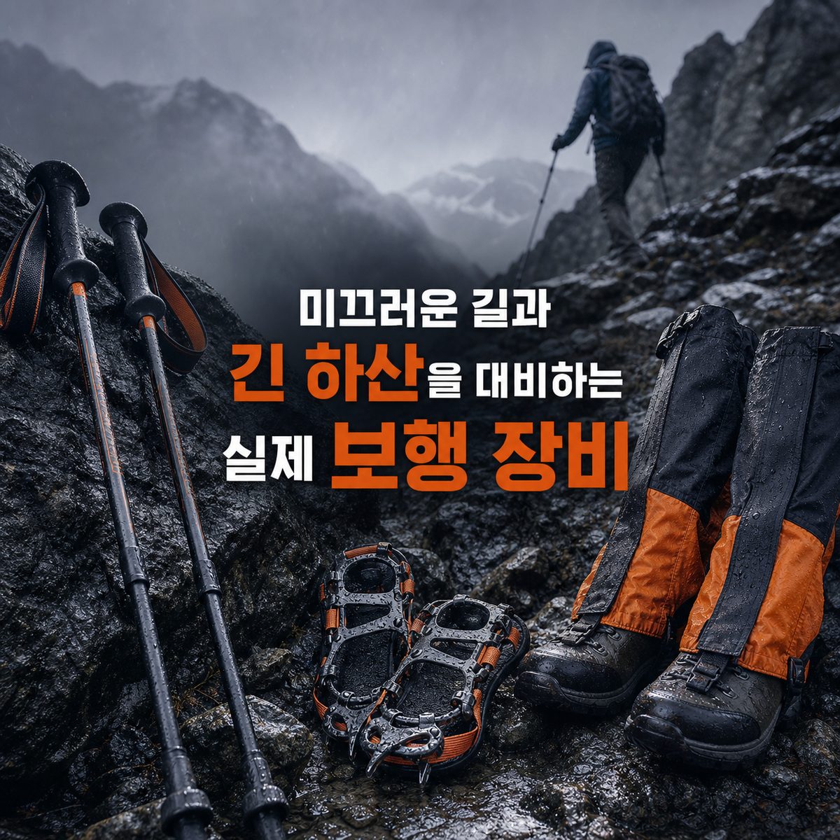 미끄러운 길과 긴 하산을 대비하는 실제 보행 장비