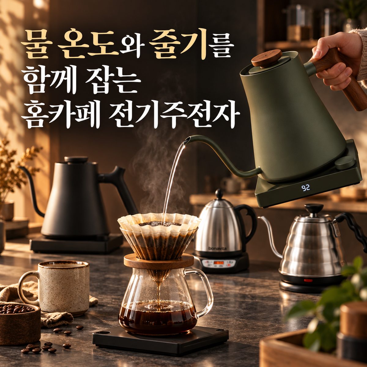 水温と注ぎ口を同時に管理するホームカフェの電気ケトル