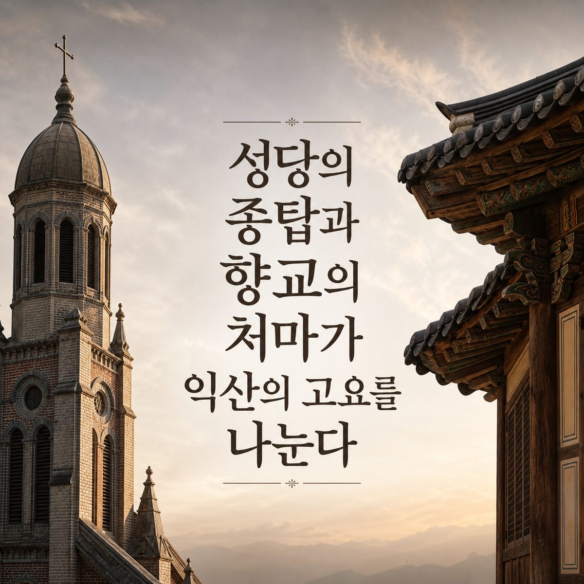 성당의 종탑과 향교의 처마가 익산의 고요를 나눈다