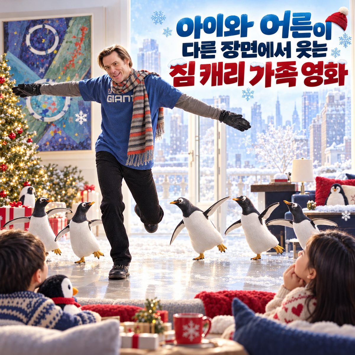 아이와 어른이 다른 장면에서 웃는 짐 캐리 가족 영화