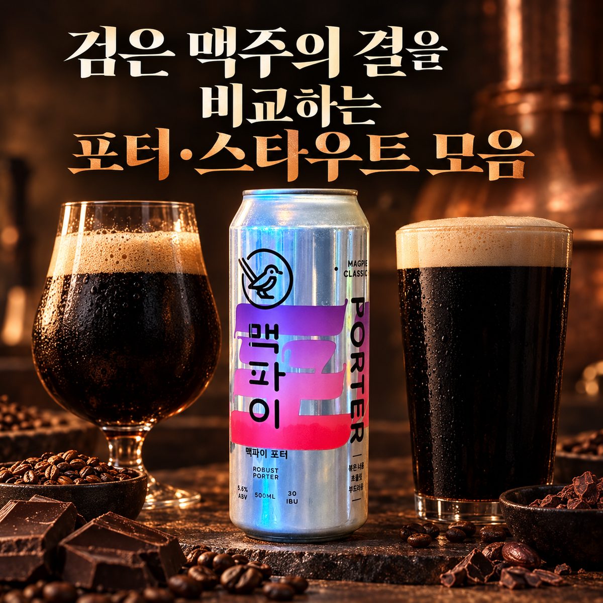 검은 맥주의 결을 비교하는 포터·스타우트 모음