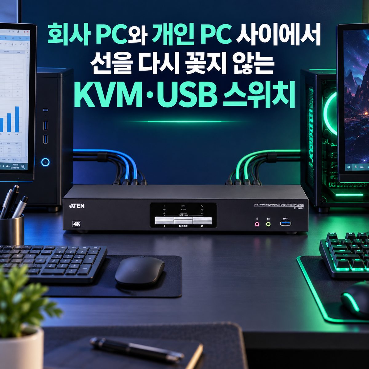 会社PCと個人PCの間でケーブルを差し替えずに済むKVM・USBスイッチ