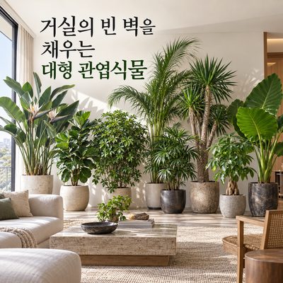 거실의 빈 벽을 채우는 대형 관엽식물