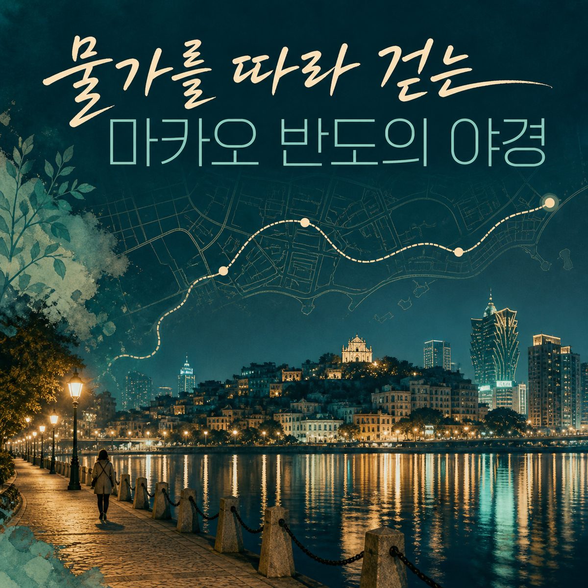 물가를 따라 걷는 마카오 반도의 야경