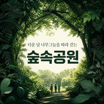 더운 날 나무그늘을 따라 걷는 숲속공원