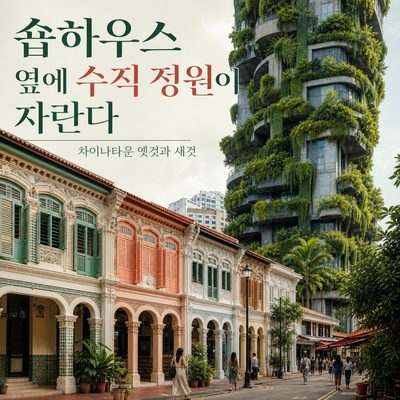 숍하우스 옆에 수직 정원이 자라는 차이나타운