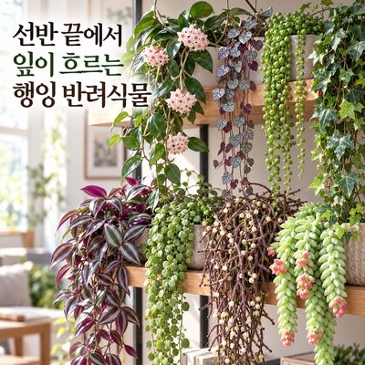 선반 끝에서 잎이 흐르는 행잉 반려식물