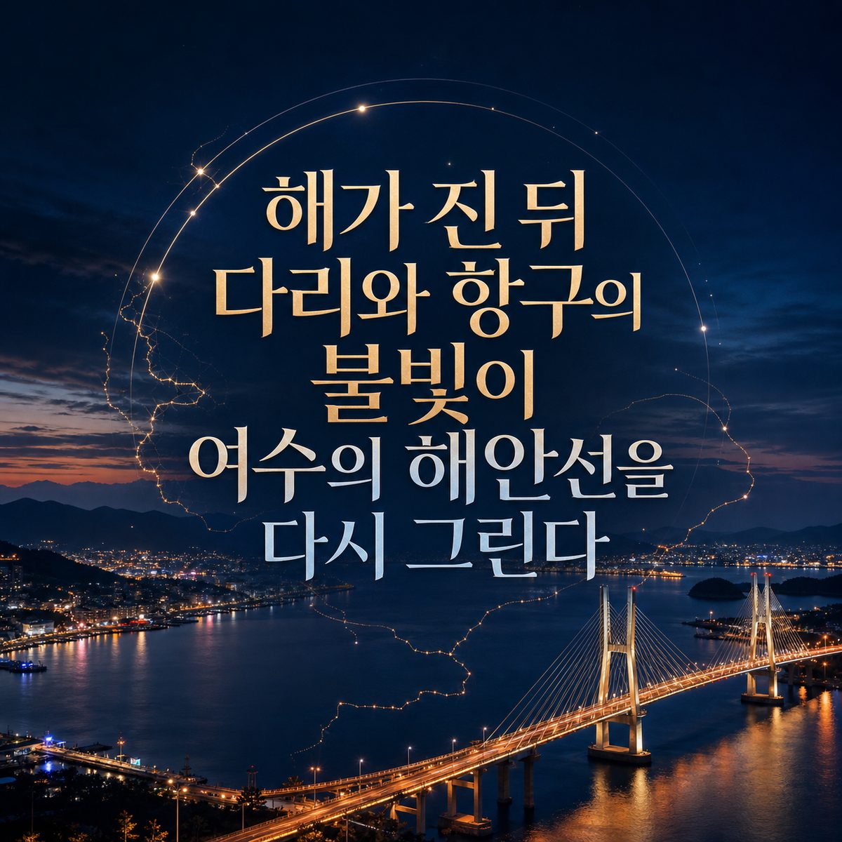 해가 진 뒤 다리와 항구의 불빛이 여수의 해안선을 다시 그린다