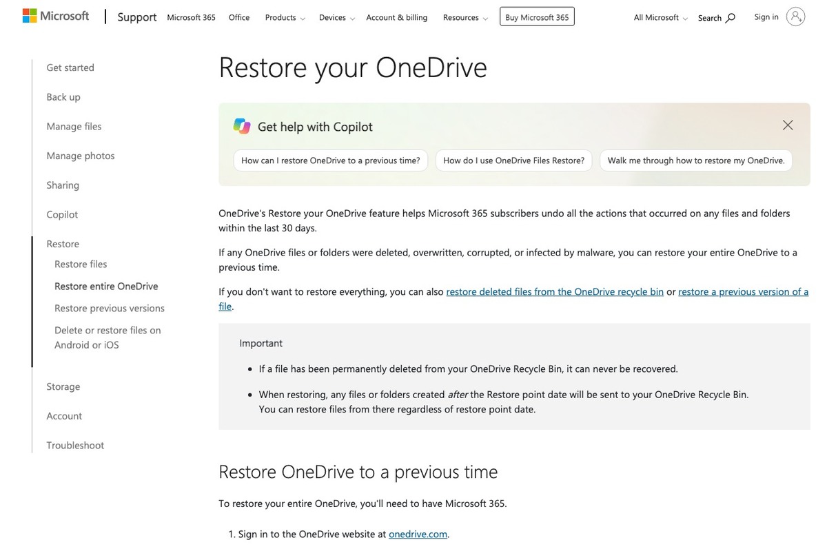 OneDrive 파일 복원