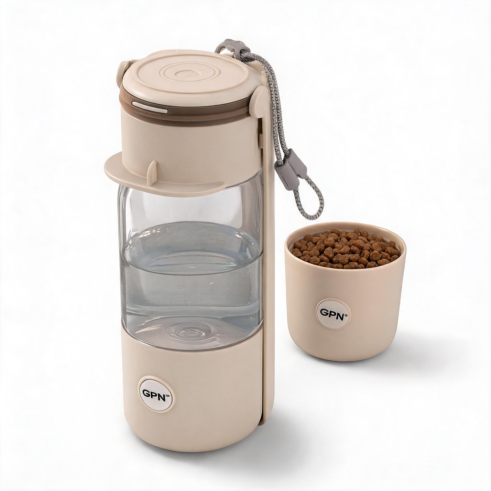 강아지 산책 물병 2in1 휴대용 급수기 사료통 350ml+200ml 누수방지 잠금형 외출 캠핑 반려동물 물통, 베이지, 1개, 베이지색